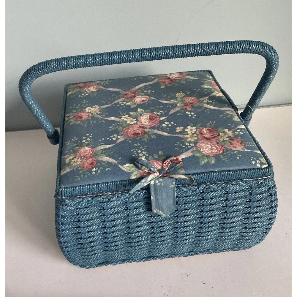 Floral Wicker Sewing Basket w Handle, Compartment Blue 10” X 10” X 7”